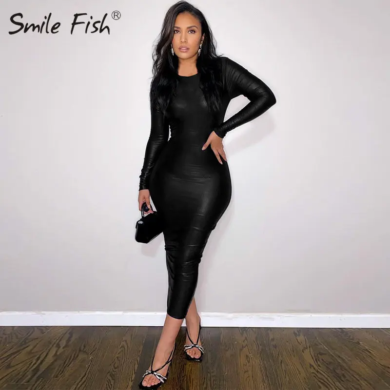 

Autumn Bodycon PU Leather Midi Dress Robe Black Ruched O-Neck Long Sleeve Lady Clubwear Sexy Women Hip Party Split Dress G1253