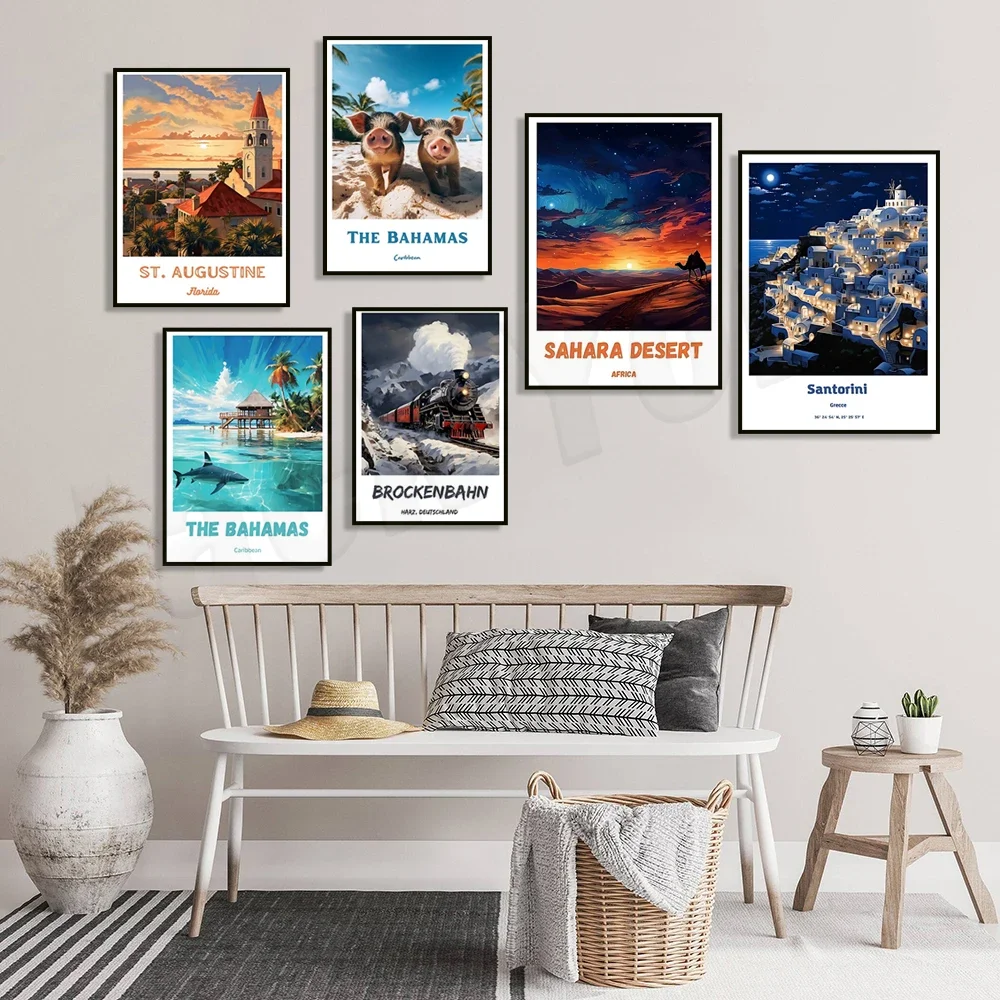 German train Brocken Railway Sahara Desert Himeji Castle St. Augustine Ravello Bahamas Jerusalem Santorini travel poster