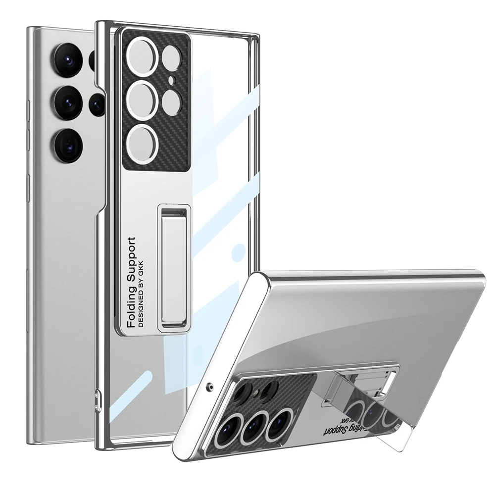 Luxury Transparent Plating Case For Samsung Galaxy S23 S22 Ultra Plus Cover Cases 360-degree Full Package Hidden Bracket For S23