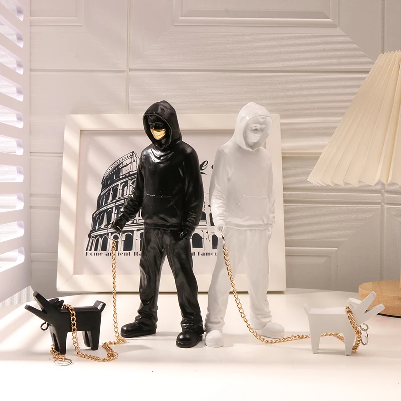 

Banksy Street Art Barking Dog Walker Graffiti Statue Sculpture Collectible Decorative Figurines Home Office Desk Decorations