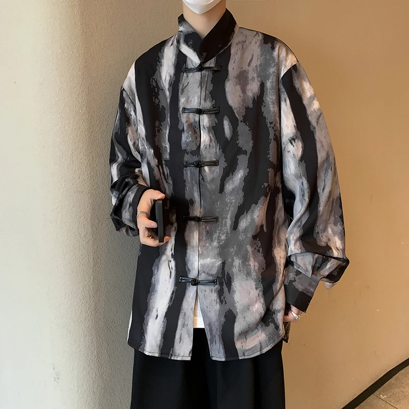 

Chinese Style Ink Tie-Dyed Printed Long-Sleeved Shirt Men's Summer Loose Shirt