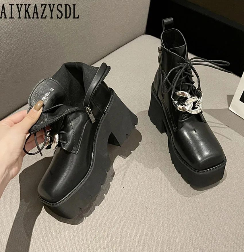 

AIYKAZYSDL Punk Gothic Women Square Toe Biker Metal Decro Ankle Boots Thick Sole Bottom Platform Wedge Shoes Bootie Chunky Heels