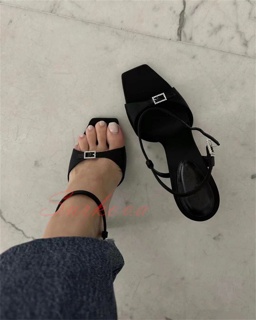 Black Satin Open Toe Sandals Rhinestone Square Buckle Fish Mouth Fashion Sandals Ladies Dress High Heels Shoes Women's Shoes New