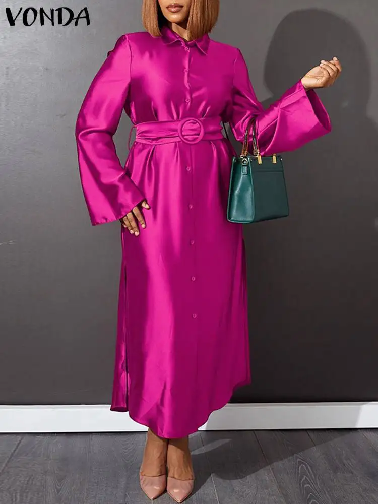 

Fashion Women Elegant Office Lady Maxi Long Dress Stylish Summer Party Dress VONDA 2022 Sundress Long Sleeve With Belt Vestido
