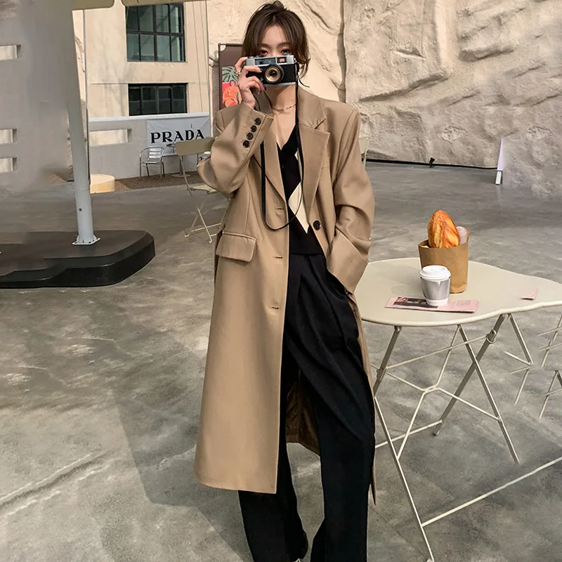 Women's Blazer 2022 Spring and Autumn Classic Coat Solid Color Casual New Jacket Female Super Long Single-breasted Fashion Cloak