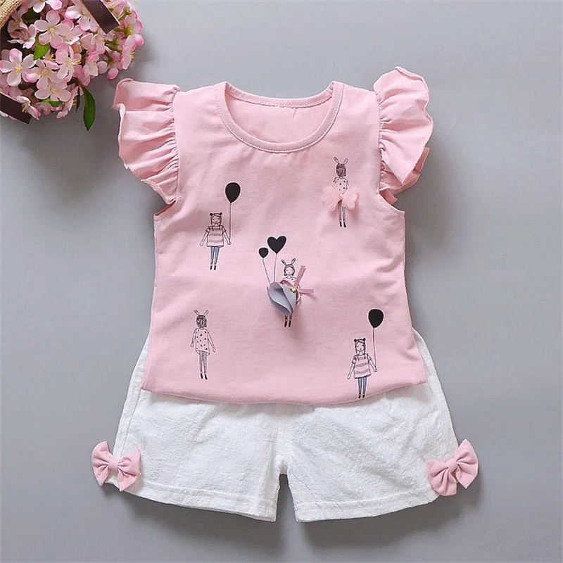 

Summer Two Piece Girl Clothes Set Baby Outfit Ruffle Short Sleeve T-shirt Pant 2Pcs Suit Lovely Bow Children Casual Costume A515