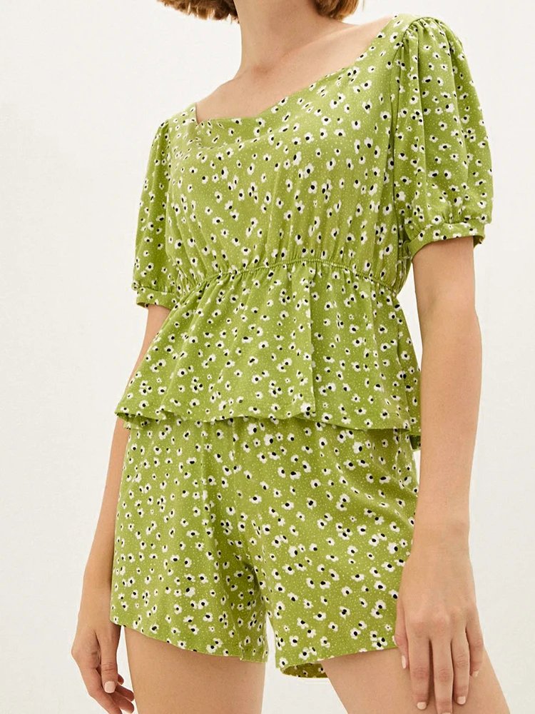 

Linad Print Pajamas For Women 2 Piece Sets O Neck Short Sleeve Sleepwear Female Casual Home Suits With Shorts Summer Nightwear