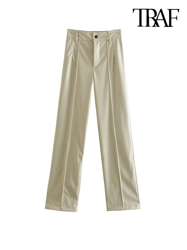 Брюки женские прямые из искусственной кожи с высокой талией на молнии | Женская