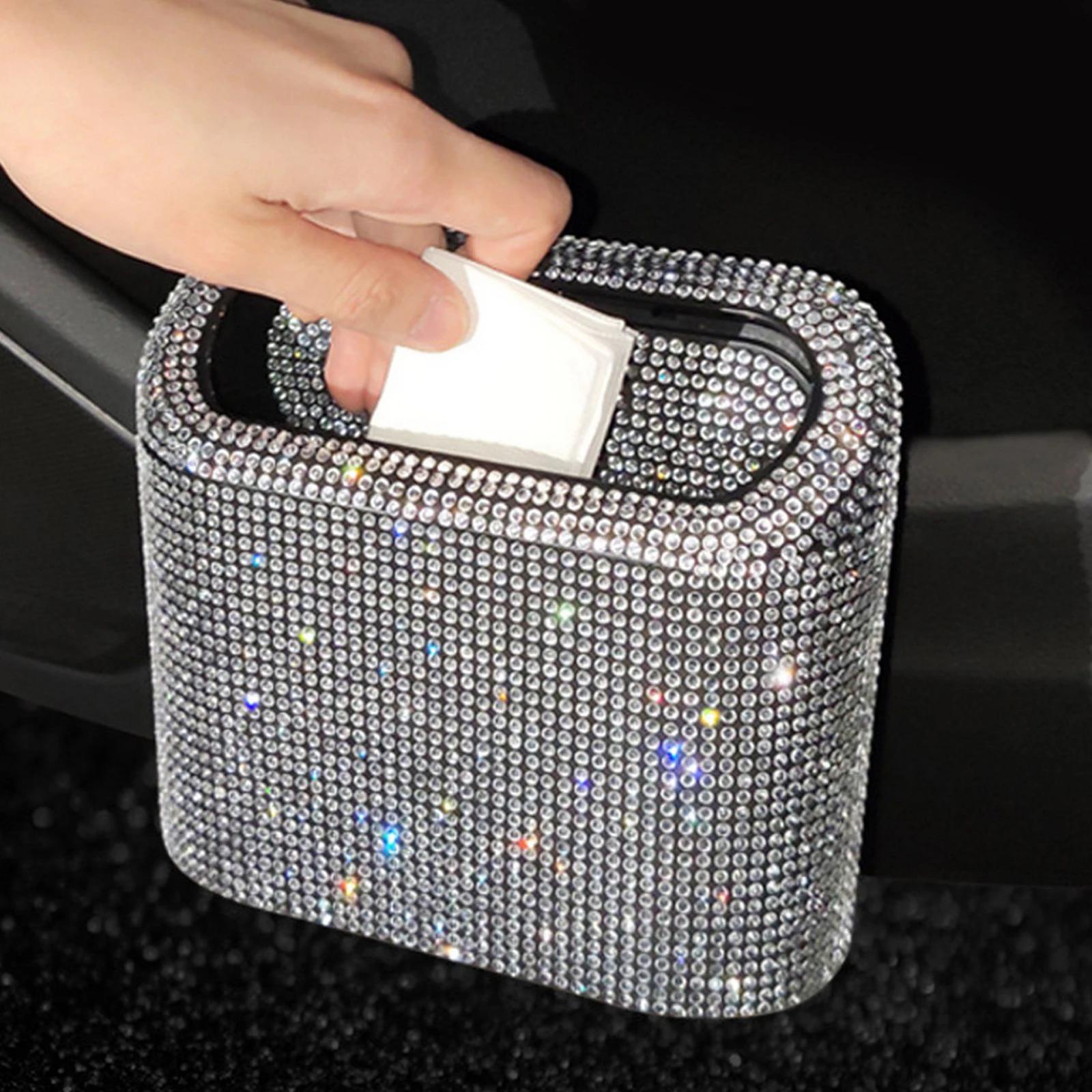 

Car Bling Trash Can Storage Bin with Press-Type Lid Shiny Rhinestones Car Storage Box Bag Hanging Type Car Interior Accessories