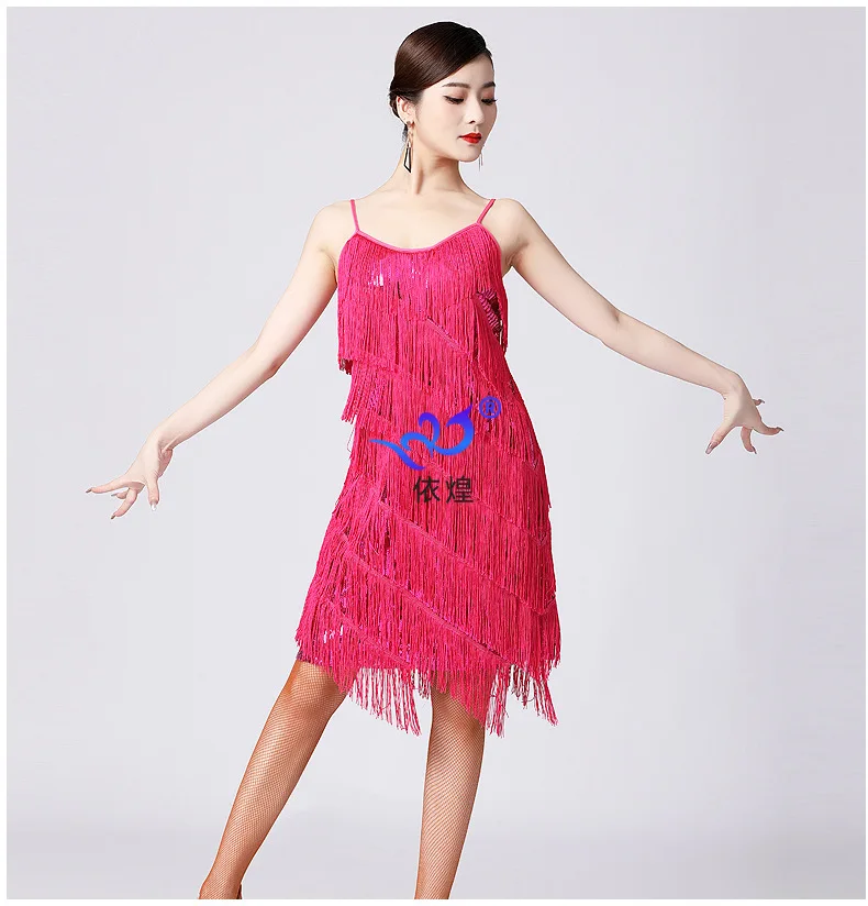 

V-neck Sequin Tassel Latin Dance Dress Latin Dance Competition Dress Cha-cha Rumba Dance Dress