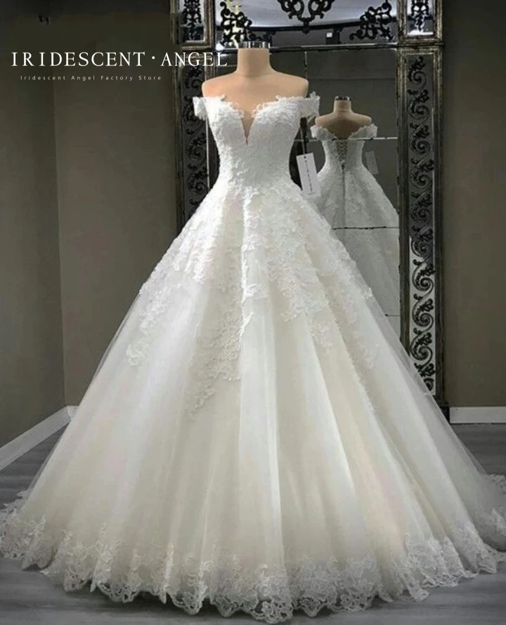 

IRIDESCENT Ball Gown Off The Shoulder Appliques Short Sleeves Princess Wedding Dresses Sexy Robe De Mariée Bridal Dresses