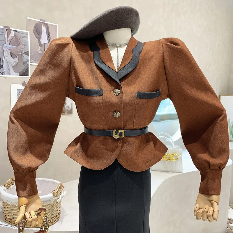 

New in Women's Clothing 2022 Autumn Temperament contrast color jacket doll neck puff Long sleeve top With belt