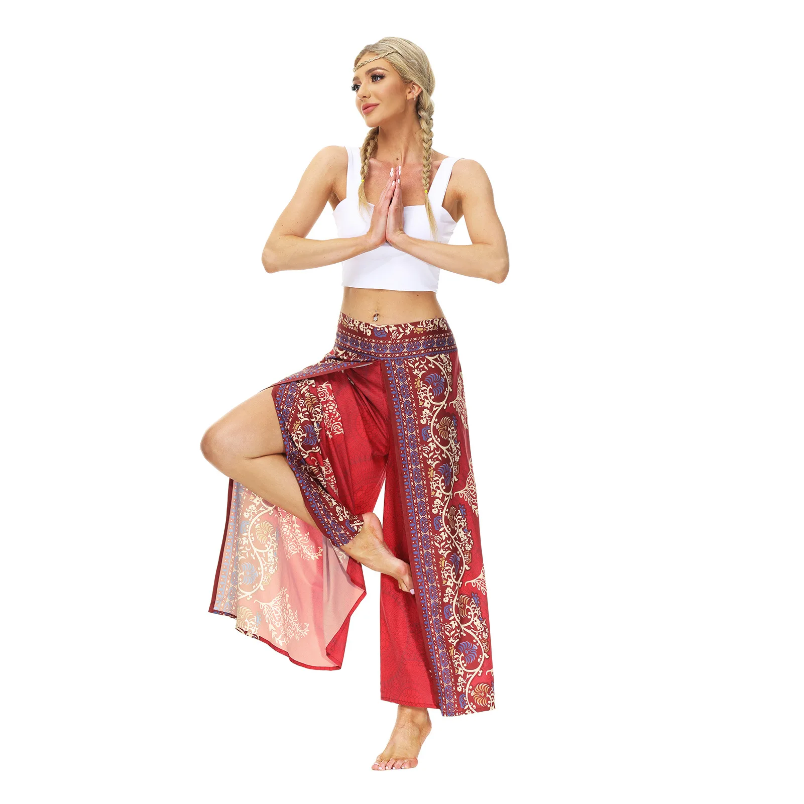 

National Style Printed Casual Women's Loose Split Wide Leg Pants Breathable Lightweight Sports Yoga Pants New Trousers