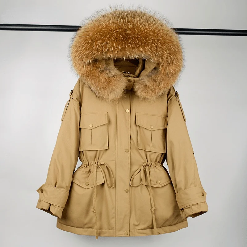 

2021 Winter Women White Duck Down Jacket Thick Warm Parkas Female Pocket Hooded Windproof Loose Coat Real Raccoon Fur