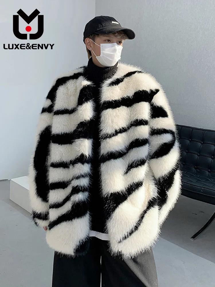 

Мужское свободное меховое пальто LUXE & ENVY, осенне-зимнее черное и белое хлопковое пальто контрастных цветов с круглым вырезом