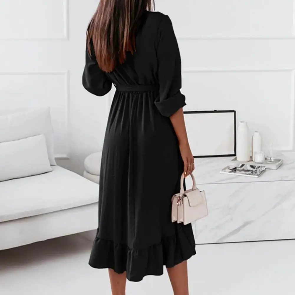 

Cross V-Neck Lightweight Mid-Calf Women Elegant Ruffle Hem Dress Office Lady Clothes Autumn Dress Female Clothes