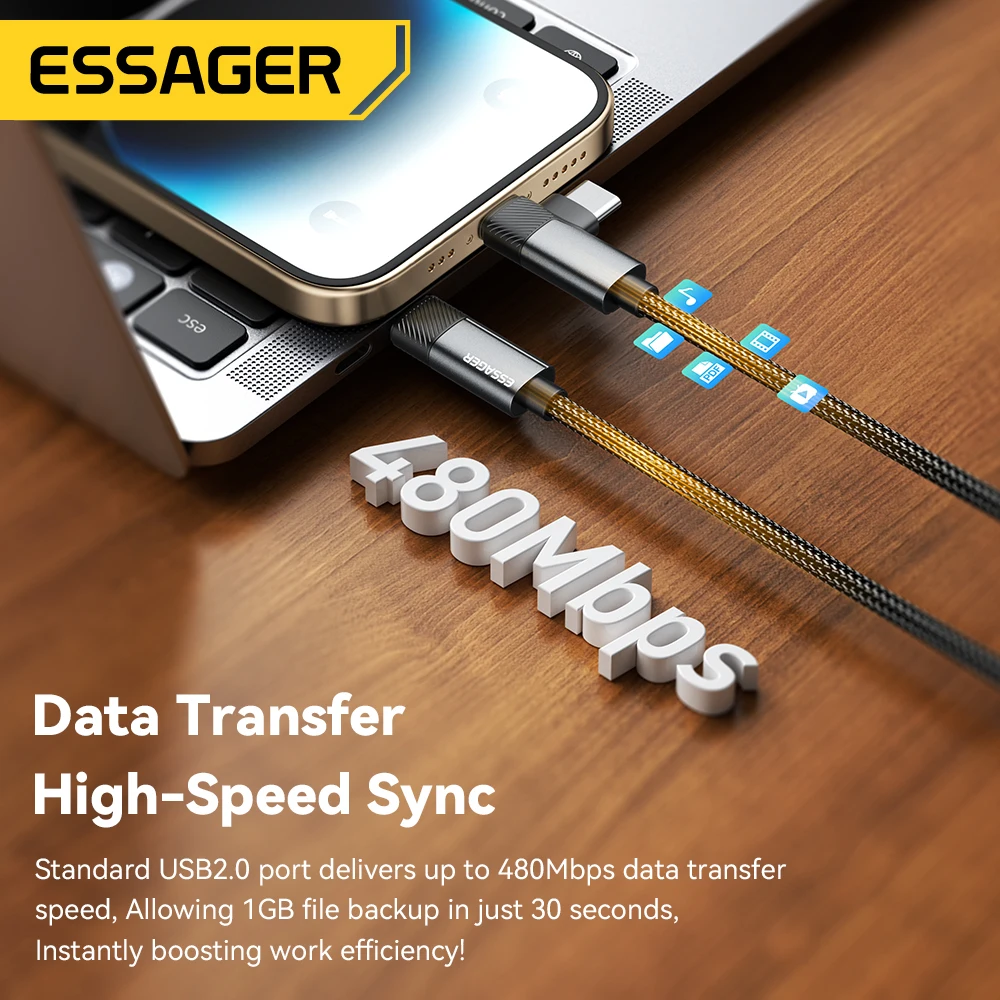 Кабель зарядный Essager 2-в-1 с прямым углом, 6529 Вт, для iPhone 151413MacBookLenovoAsusDelliPad Pro (art.: 3920c680209ea) - 3920c680209ea