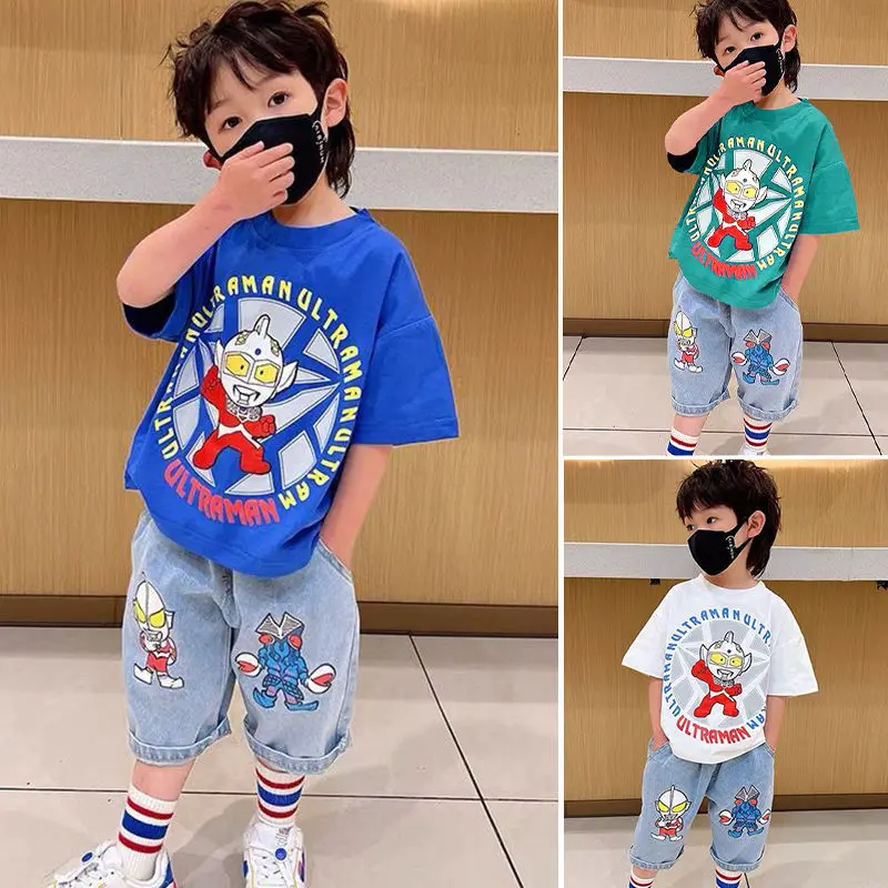 

Ultraman anime cartoon children's summer short-sleeved suit new Man luminous clothes baby foreign handsome denim two-piece suit