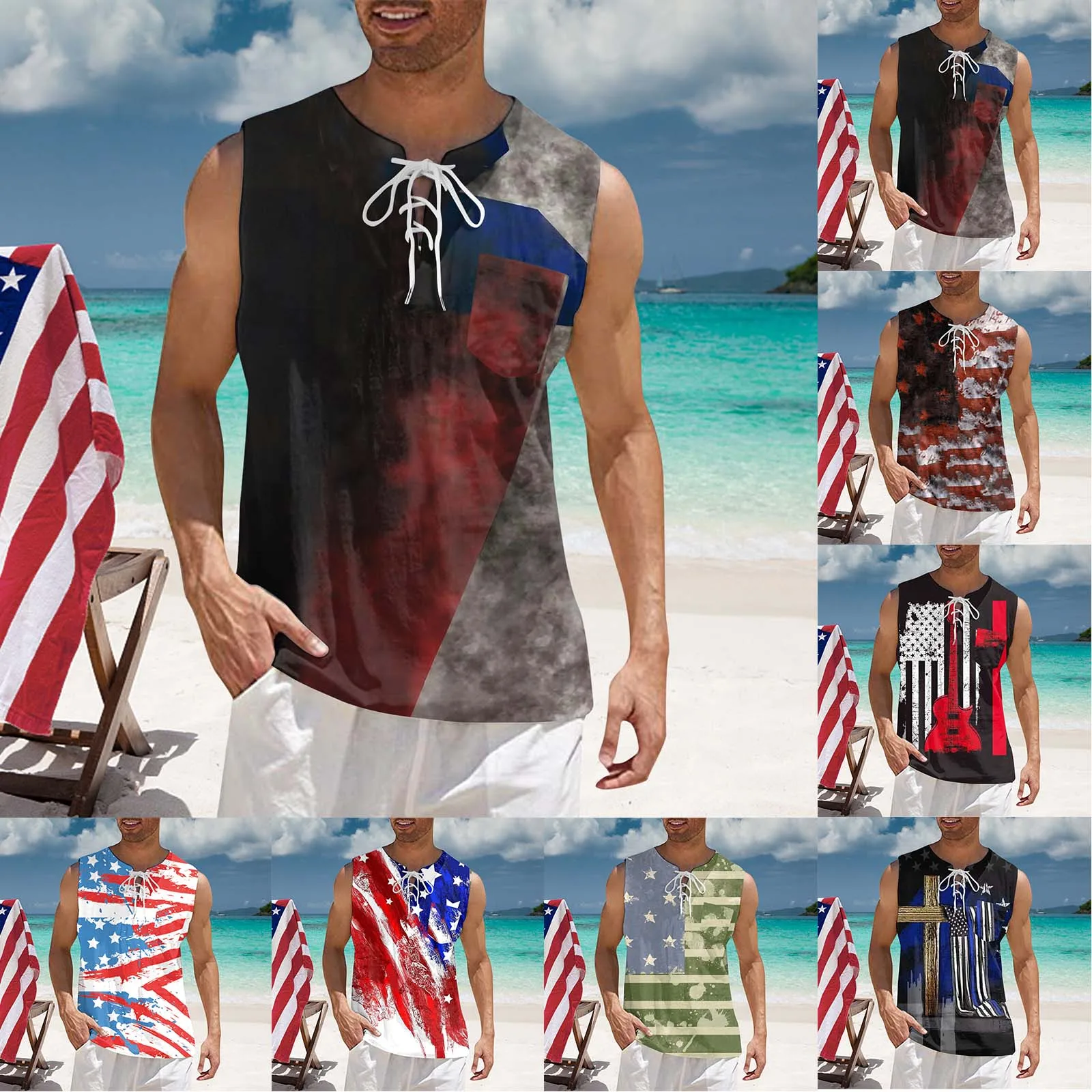 

Y Wine Mens Summer Independence Day Linen Fabric With Sleeveless Top T Shirt Vest Mens T Shirts Graphic