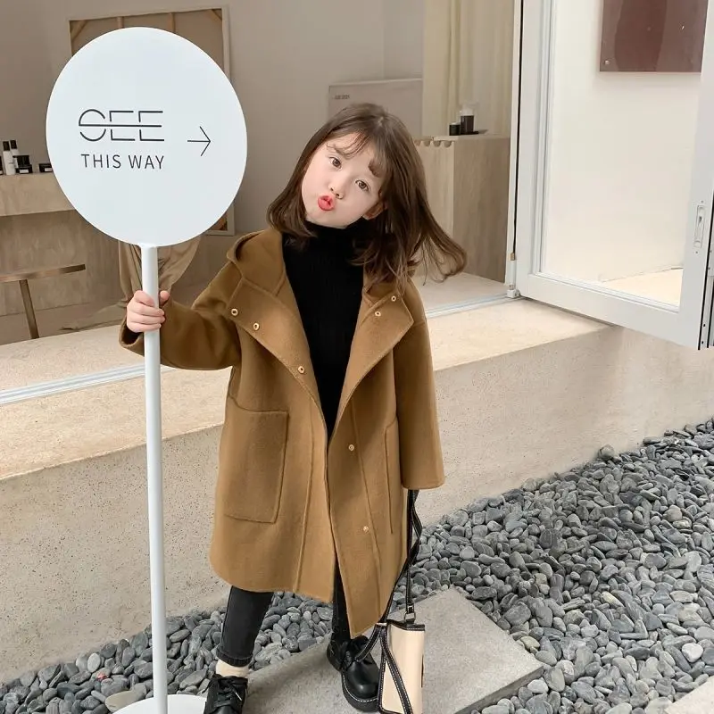 Girls' Coat 2022 Autumn and Winter New Children's Hoodie Fashionable Coat Baby Mid-Length Woolen Coat