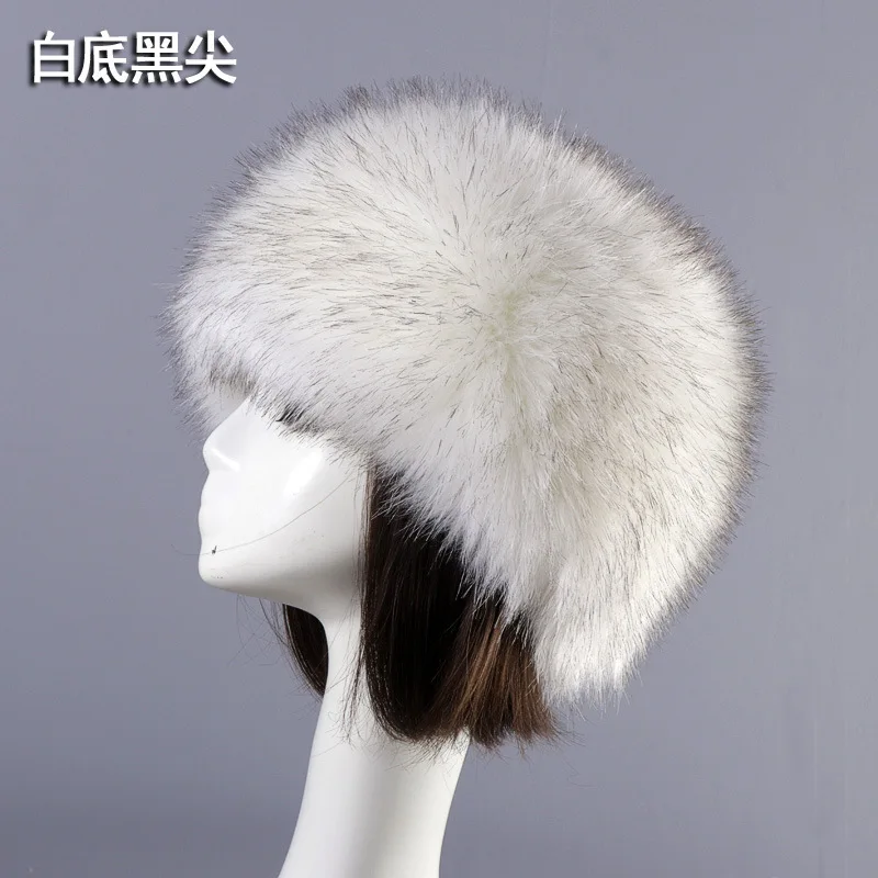

Imitation fox fur round flat top imitation fur hat thickened autumn and winter fur Russian Mongolian hat warm ear protection hat
