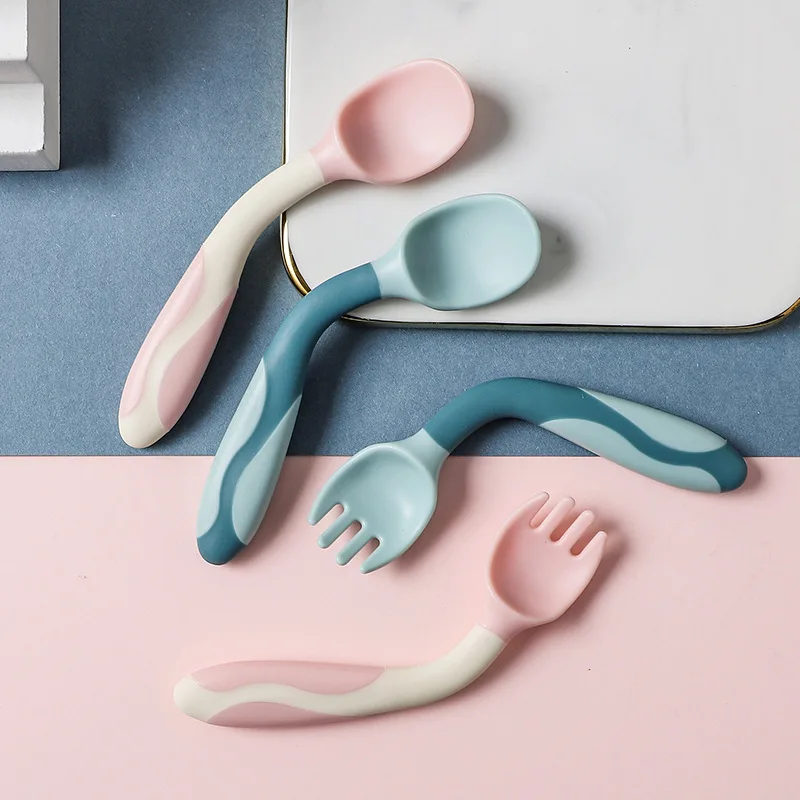 

2Pcs/Set Flexible Baby Spoon Fork Set Twist Food Grade Silicone Baby Eat Rice Paste Training Utensils Infant Feeding Tableware