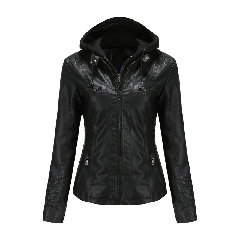 Enlarge Spring and Autumn Hooded Leather Jacket Two Piece Detachable Large Size PU Leather Jacket for Women