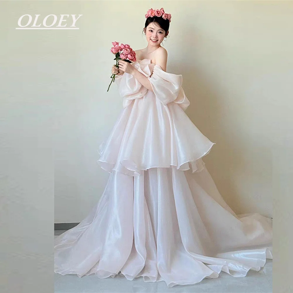 Фото OLOEY Fairy Baby Розовое вечернее платье трапециевидной формы для выпускного вечера с открытыми плечами из шелковистой органзы Корейское вечернее платье для свадебной фотосессии №1