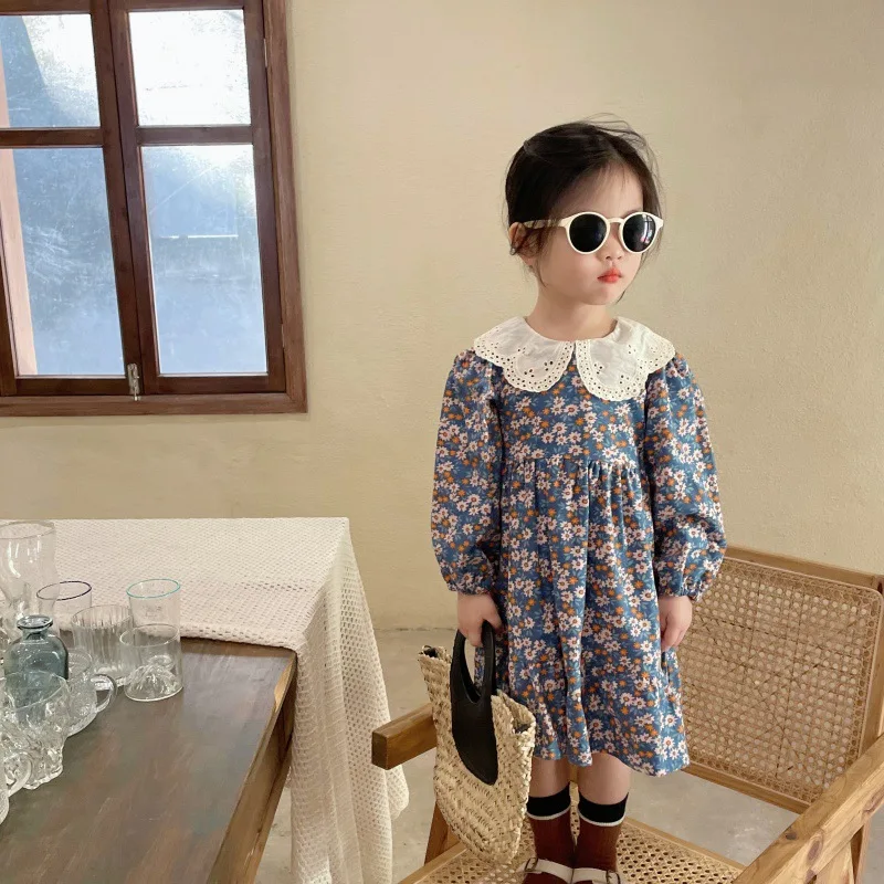 

Новинка 2023, платья с длинным рукавом для маленьких девочек с цветочным рисунком, Осенняя детская одежда, повседневная одежда для девочек, Де...