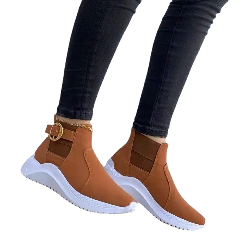 Hot Sale Women's High-top Sneakers Casual Shoes PU Vamp Round Toe Wedge Heel Metal Decoration Large Size Sneakers