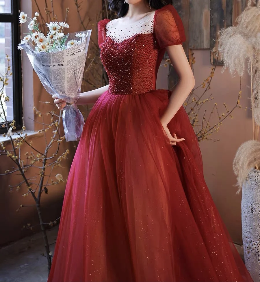 

Elegant Burgundy Evening Dresses A-Line Sequins Beading Square Collar Puff Sleeve Lace Up Backless Wedding Formal Prom Gowns New