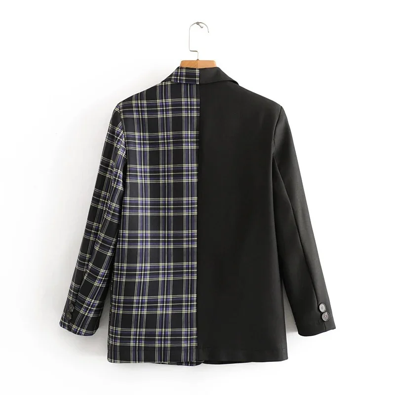 Women Vintage Black Patchwork Plaid Blazers Single Breasted Chic Suits 2023 New Spring Autumn Fashion Casual Long Sleeve Blazer