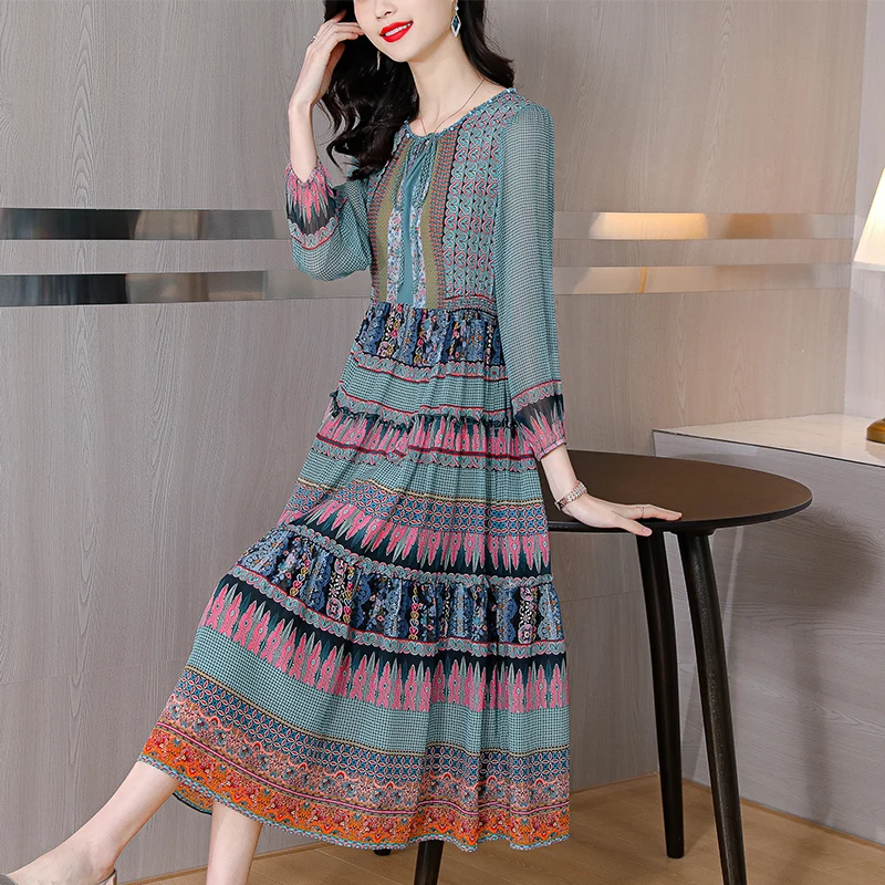 

2022 Korean Vintage Boho Dresses Summer Plus Size Print Chiffon Sundress Elegant Women Beach Midi Bodycon Short Sleeve Vestidos