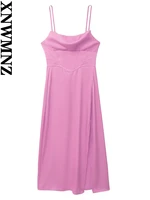 xnwmnz 2022 women fashion satin camisole dress woman party style spaghetti straps front slit female chic midi dress