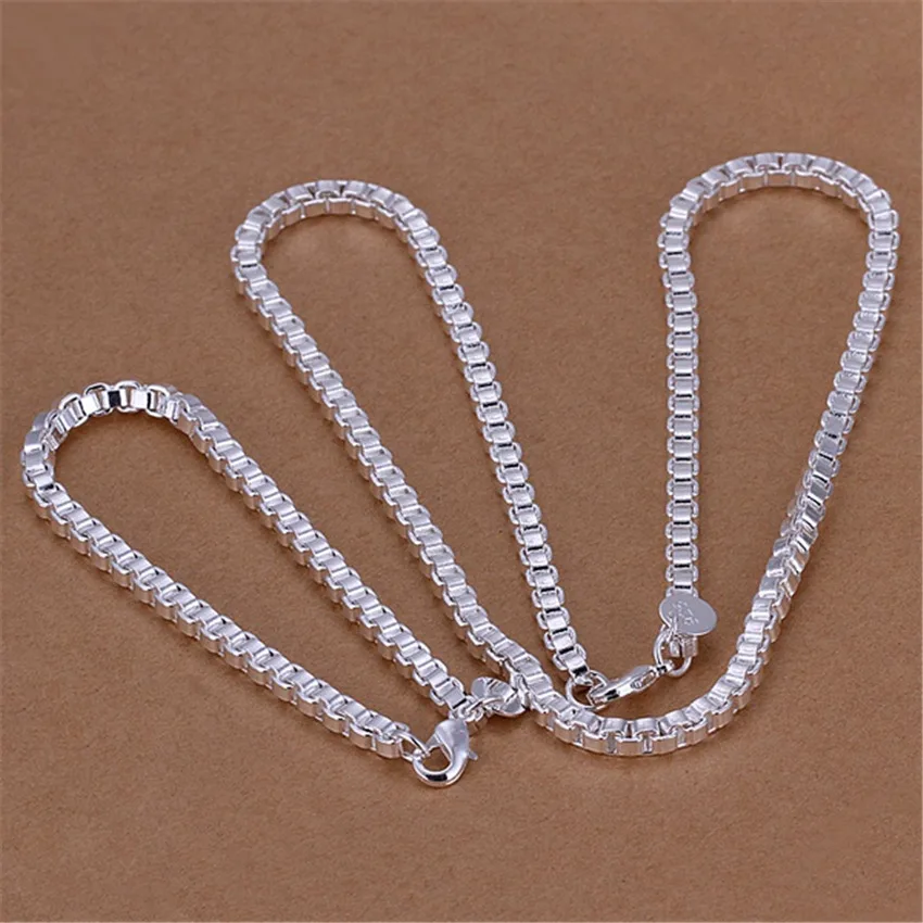 

925 Sterling Silver Bracelets Necklace SET classic 4MM width box chain Jewelry set for men women Fashion Party wedding Gifts