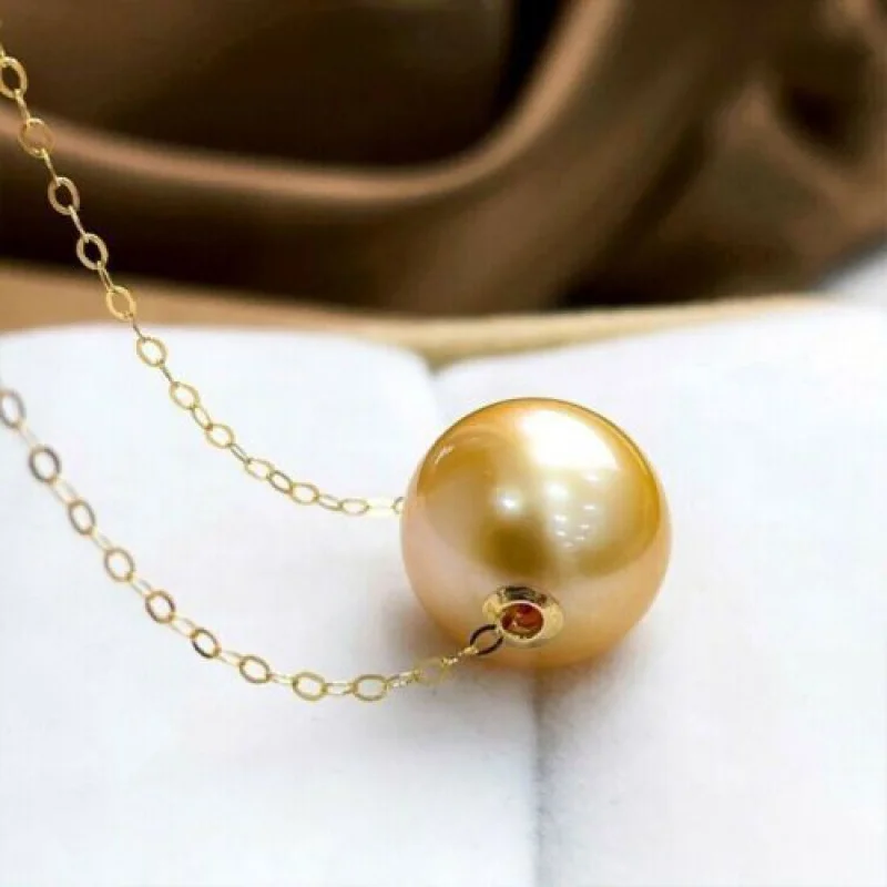 

Gorgeous AAAA 12-11mm Natural South Sea Golden, round Pearl Pendant Necklace