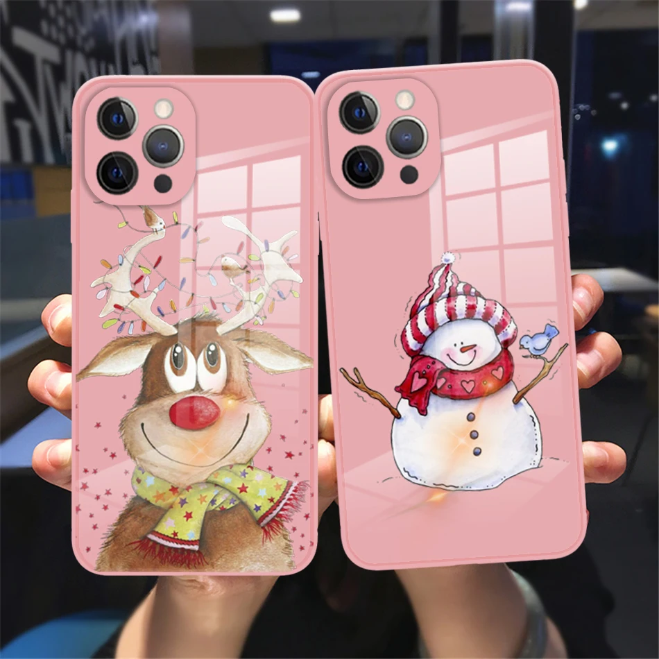 

New Year Merry Christmas Elk Phone Cover For iPhone 11 12 13 14 Pro Max X XR XSMax 14Plus 13Mini Pink Tempered Glass bumper Case