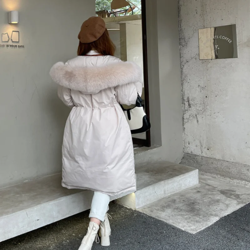 2022 Fox Fur Collar Womens Down Jacket Thickened Mid-length White Duck Down Jacket for Women
