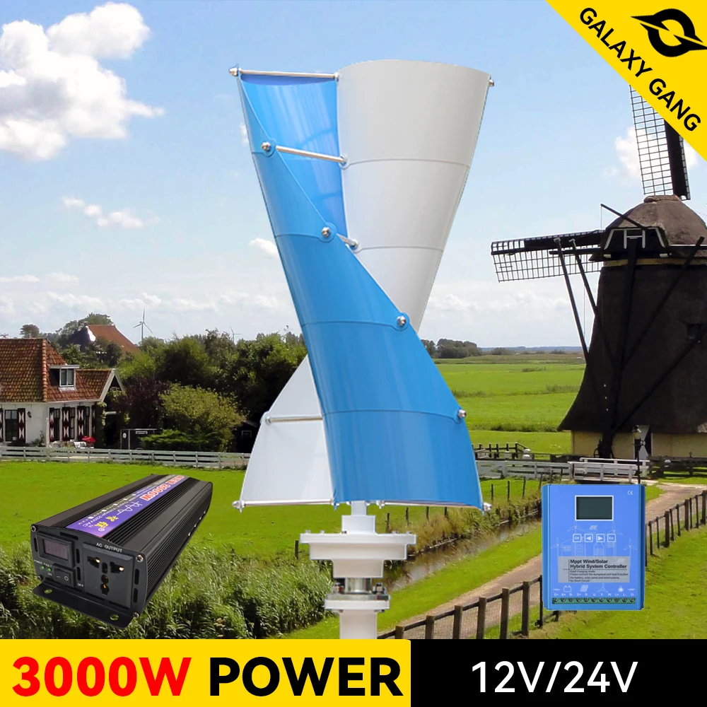 

Generator Wind Turbine 2000W 12v 24v 48v Vertical Spiral Windmills Off Grid System With Mppt Hybrid Controller For Home Use