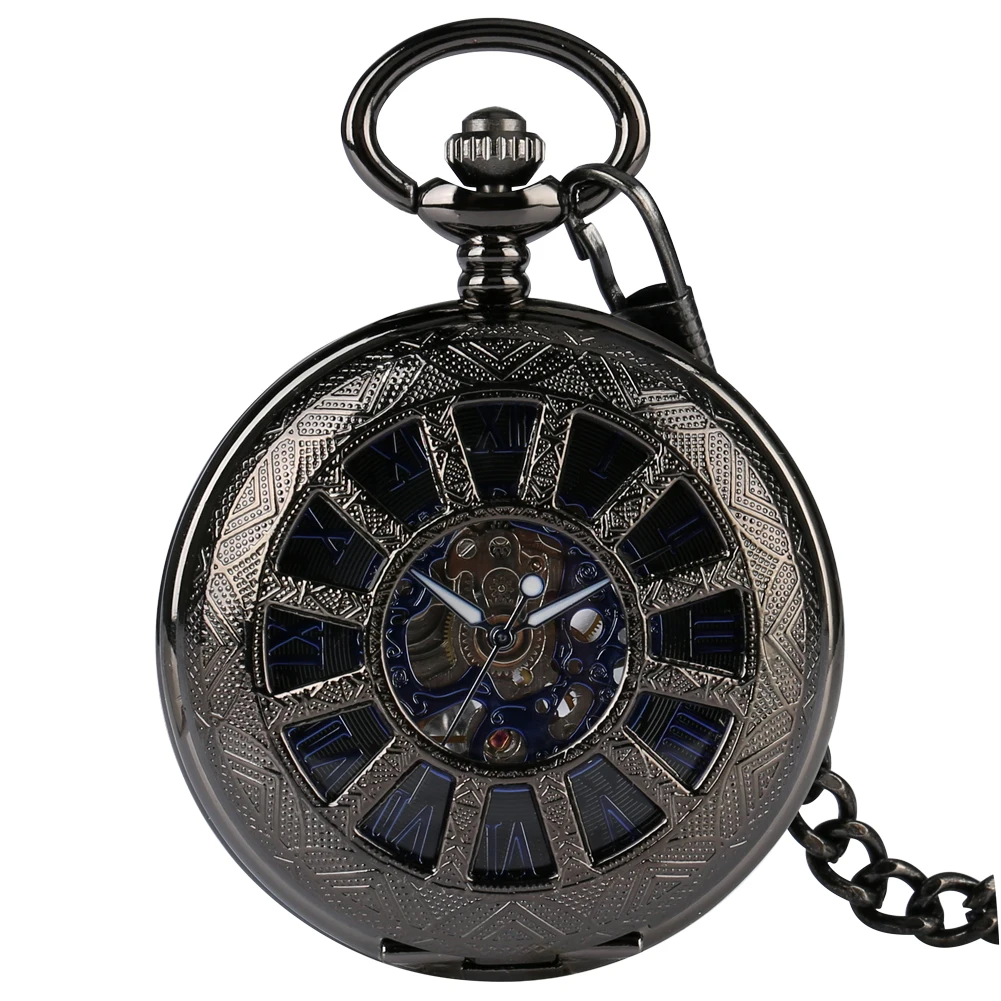 

Royal Blue Roman Numerals Dial Manual Mechanical Pocket Watch Vintage Hub Skeleton Exquisite Pocket Timepiece with Pocket Chain