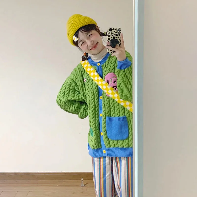 Женский свитер Весенняя толстовка зеленая Женская одежда однобортный Кардиган