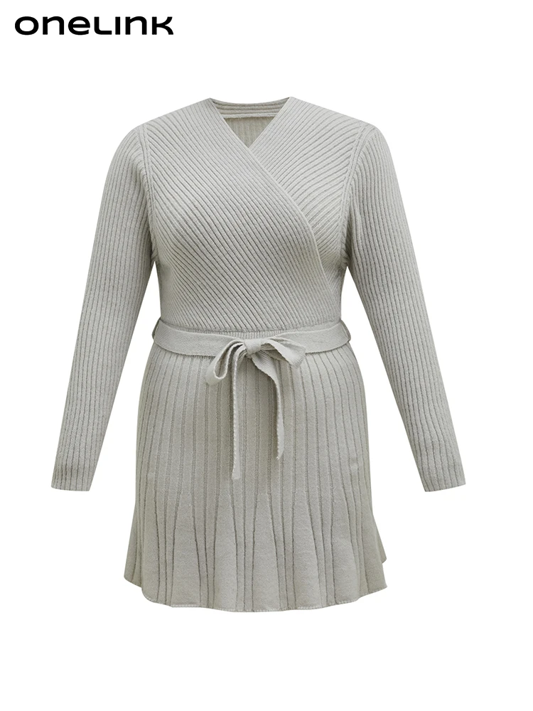 ONELINK V Neck Solid Grey Cross Wrap Over Top Belt Tie Waist Plus Size Women Woolen Pullover Autumn Sweater Mini Dress Bodycon