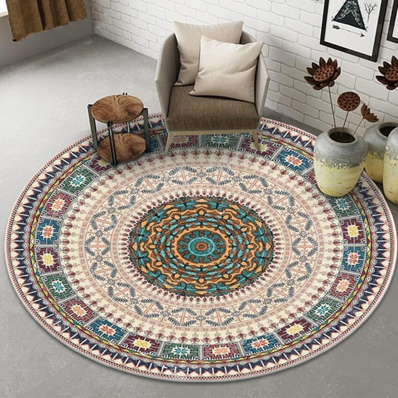 

Ethnic Style Vintage Mandala Rug Round Rug Balcony Hanging Basket Living Room Decorative Floor Mats Anti-slip Rug Mandala