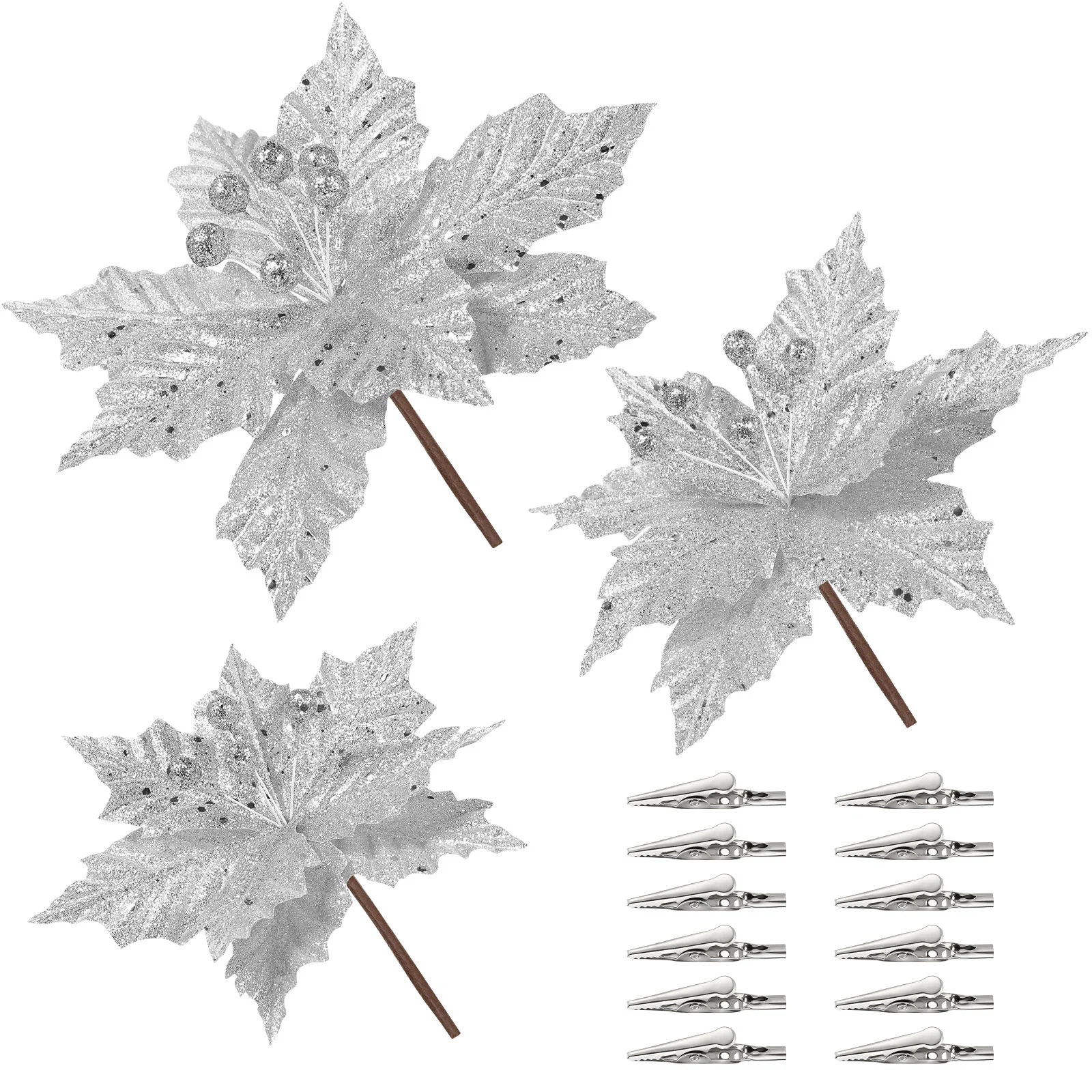 

Flowers Christmas Artificial Poinsettia Tree Flower Decorations Glitterfakexmas Ornaments Decor Poinsettias Silver Stem Clips