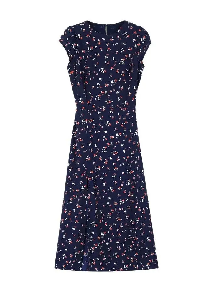 

XNWMNZ 2020 haut Fashion Floral print cap sleeve women blue dress Vintage Backless women midi Dress Sexy retro split vestidos