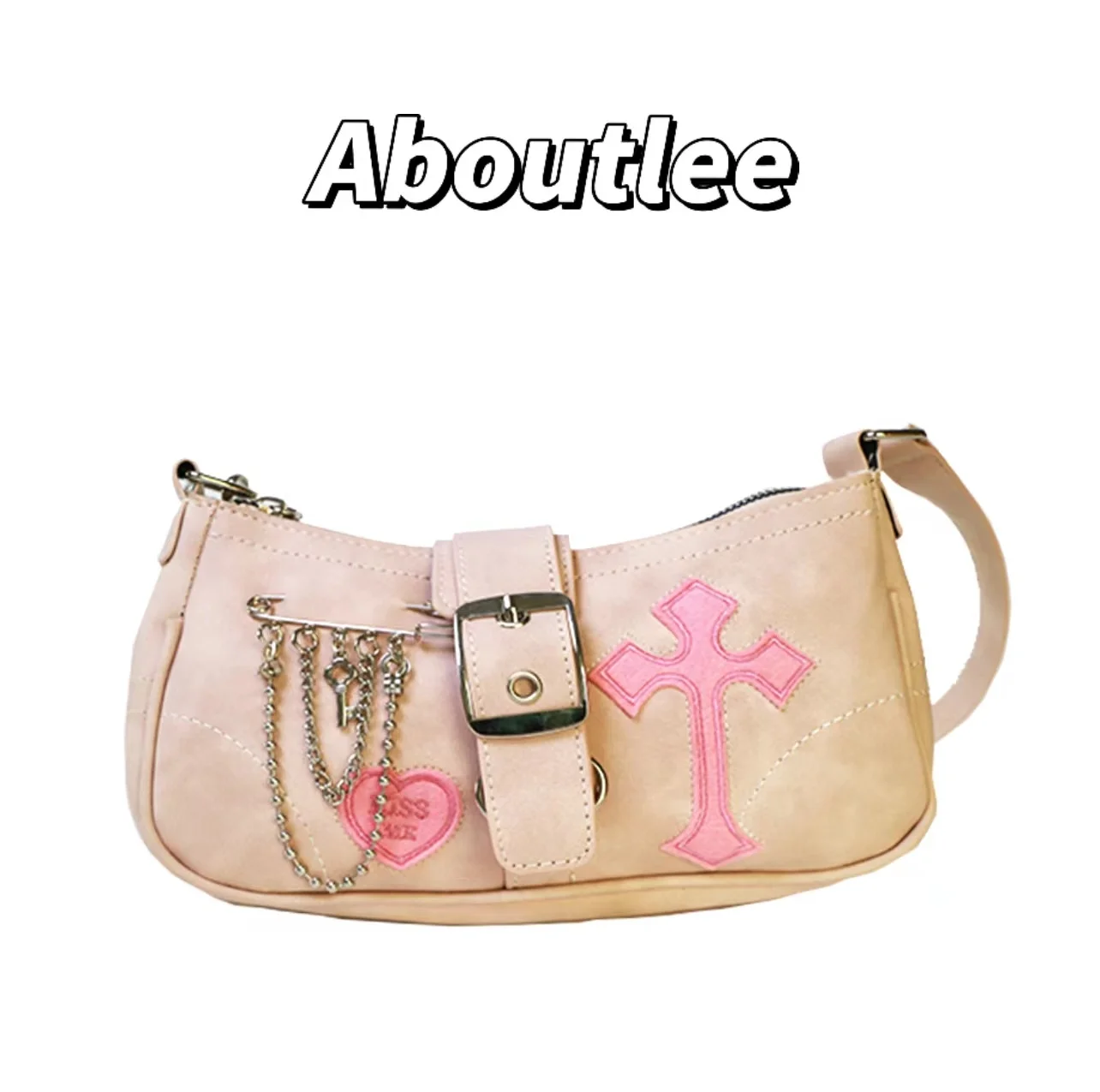 

Aboutlee Y2k Vintage Cross Pattern Dazzling Trend Shoulder Bag Pu Leather Pink Chain Handbag Harajuku Style Mini Cute Side Bag