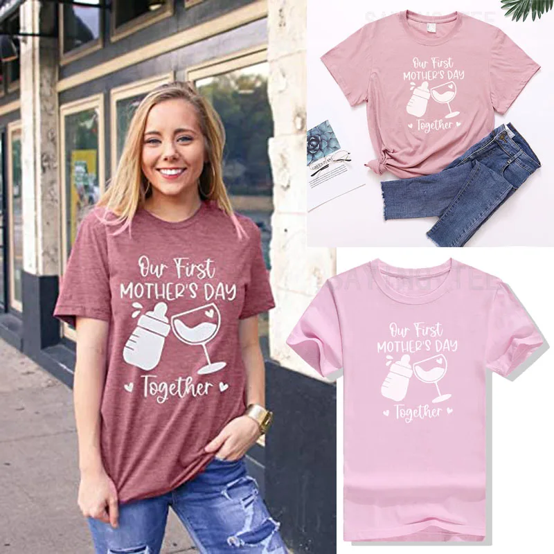 

Mama Shirts for Women Our First Mother's Day Together Mom T-Shirt Casual Graphic Tees Summer Fashion Short Sleeve Tops Wife Gift