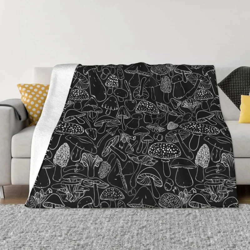 

Mushroom Mushrooms Forest Blanket Flannel Decoration On Black Portable Home Bedspread