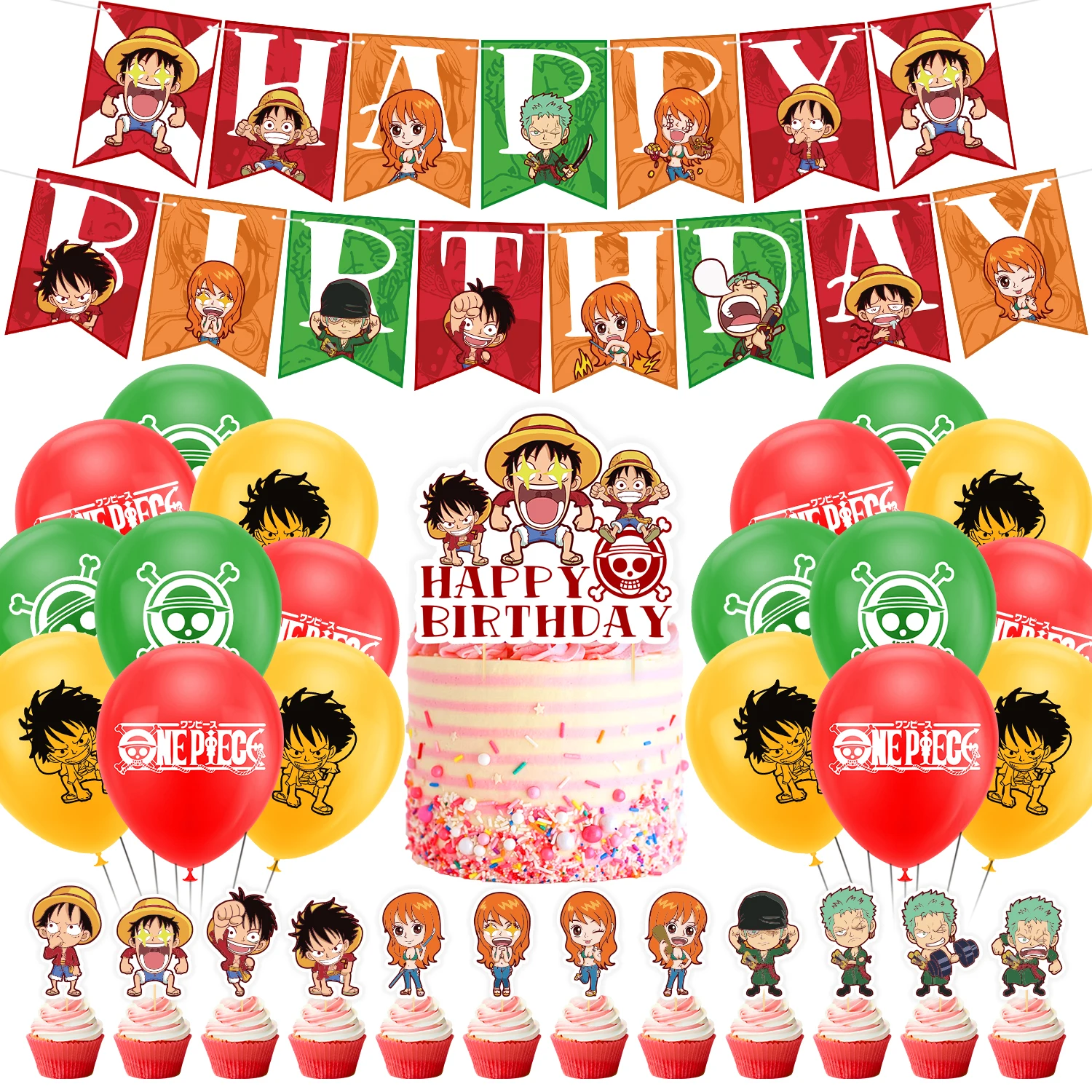 

One Piece Theme Cute Children's Birthday Party Decoration Set Anime Cartoon Banner Balloon Cake Card Festive Atmosphere Scene