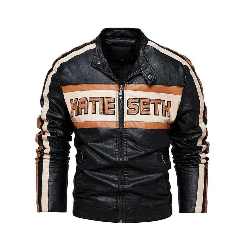 

Mens Slim Fit Motorcycle PU Jacket Retro Biker Leather Jackets Male Winter Fleece Bomber Coat Letter Racing Thicken Overcoat New